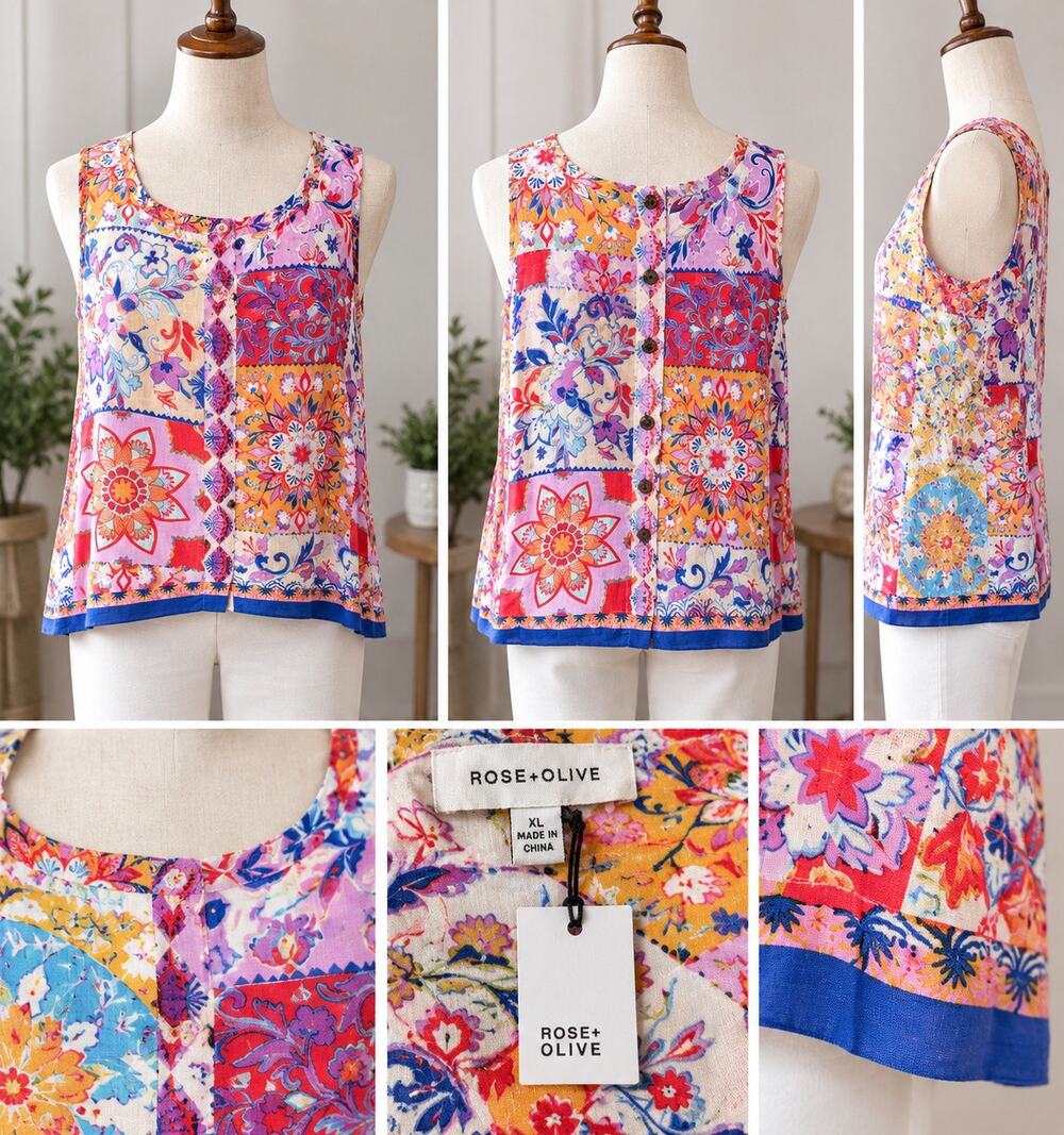 NWT Rose + Olive XL Patchwork Floral Sleeveless Button Back Boho Tank Top